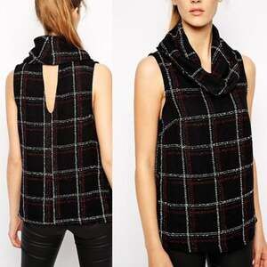 BCBGeneration Cowl Neck Plaid Sleeveless Top Back Keyhole Black xs